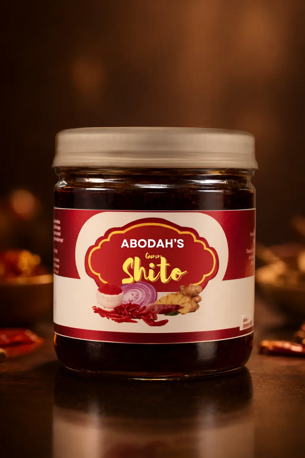 A premium jar of Abodah's Gift Shito surrounded by peppers and spices